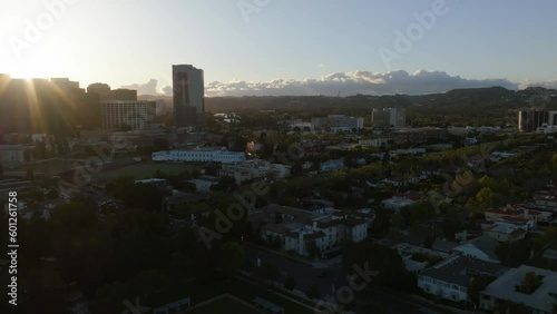 Aerial view over the Roxbury Park and the neighborhoods of Beverly Hills, sunrise in LA, USA