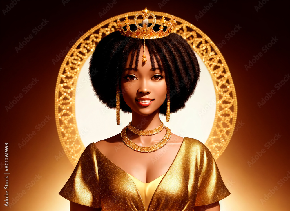 The ethnic woman is the queen. A beautiful African-American woman with a crown on her head. Generative AI.