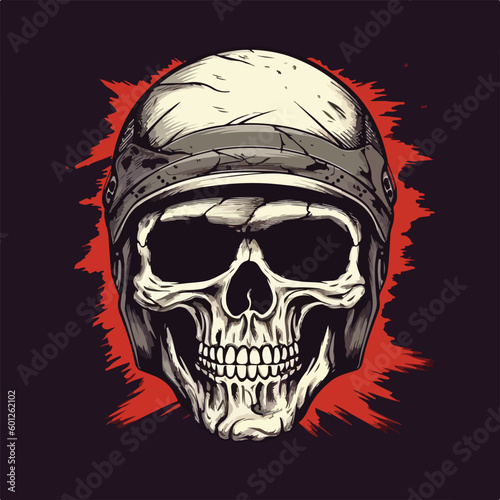 Skull biker head wearing classic helmet vintage retro logo badge vector illustration