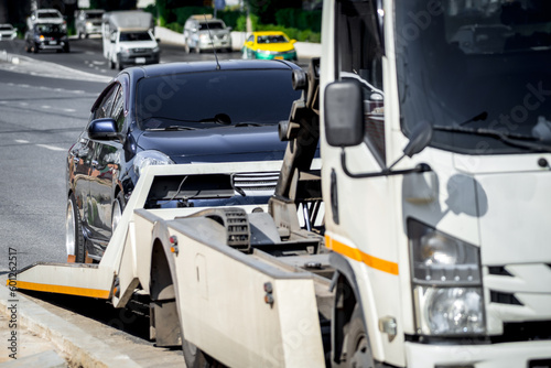 Car damaged crash from car accident on the road wait insurance in a city collision in Bangkok Road, accidents are a major problem of traffic in Thailand.