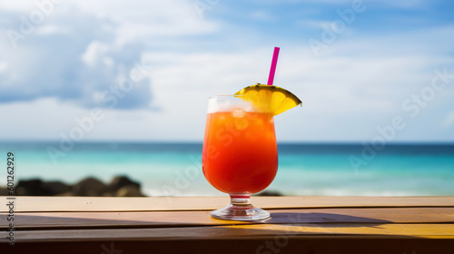 Bahama Mama cocktail on background with blue sea and sky tropical background. Generative AI