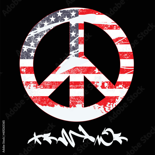 Handdrawn sign pacifist, peace hippie symbol USA flag. VINTAGE GOD BLESS AMERICA PEACE LOGO FLAG ,Peace symbol on american flag black background