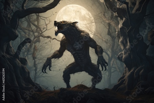 werewolf howling at the moon in a forest with twisted trees Generative AI © PinkiePie