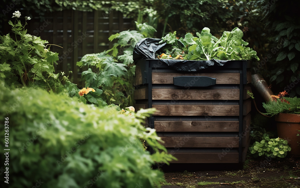 Compost bin with food scraps and grass cuttings in summer garden. Generative AI Compost bin with food scraps and grass cuttings in summer garden. Generative AI