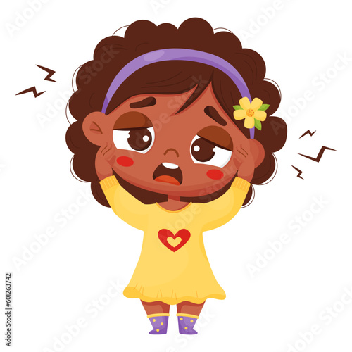 Suffering sick black girl. Ethnic girl holding hands behind her head. Headache, migraine. Vector illustration. Sad female kid character in cartoon style