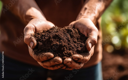 Farmer holding soil in hands close-up. Male hands touching soil on the field. Agriculture, gardening or ecology concept. Generative AI