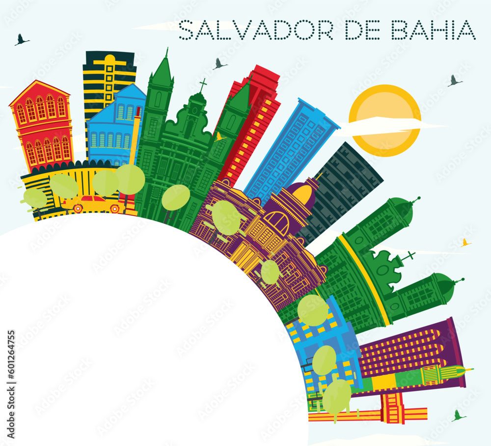 Salvador de Bahia City Skyline with Color Buildings, Blue Sky and Copy Space. Salvador de Bahia Cityscape with Landmarks.
