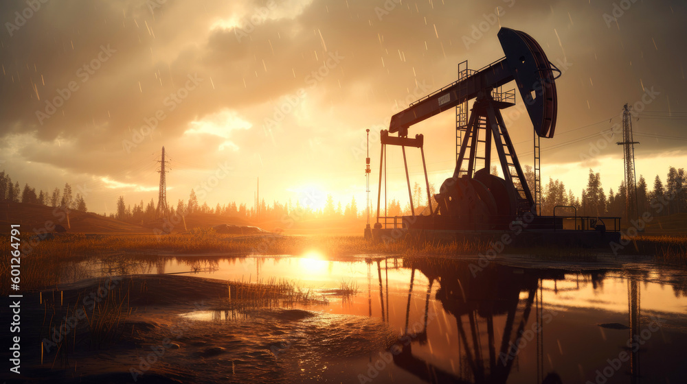 Obraz premium Crude oil pump jack at oilfield on sunset. Generative AI