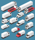 Isometric Cargo Trucks Collection. Commercial Transport Set. Logistics. City Object for Infographics.