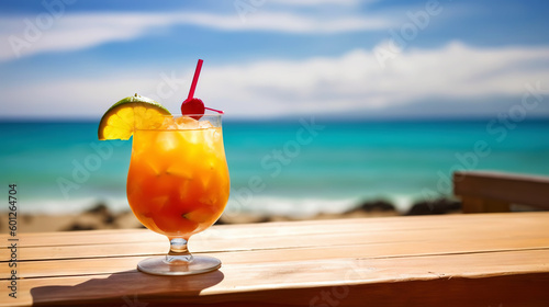 Mai Tai cocktail on background with blue sea and sky tropical background. Generative AI