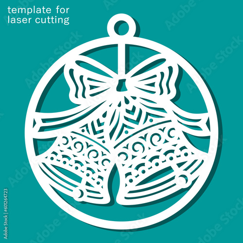 Christmas ball with two bells, bow, ribbon. Round hanging New Year's  decoration, toy. Template for plotter laser cutting of paper, fretwork, wood carving, metal engraving, cnc. Vector illustration.