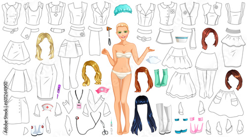Nurse Uniform Coloring Paper Doll with Clothes, Hairstyles, Caps and Accessories. Vector Illustration