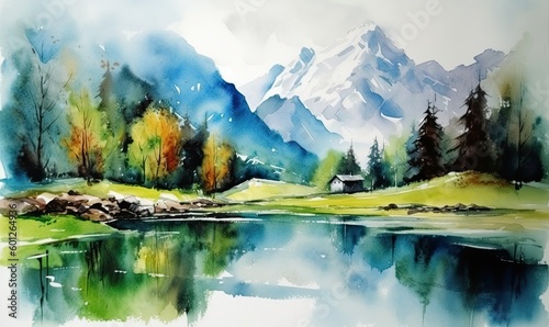 Watercolor painting of alps and lake scenery Creating using generative AI tools © uhdenis