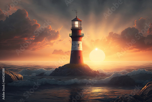 Lighthouse in the sea at sunset. Generative AI illustration.