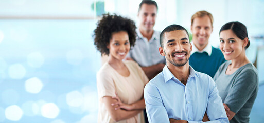 Portrait, happy and business people in office for solidarity, support or motivation with bokeh. Partnership, face and person team with diversity in solidarity for startup, management or collaboration