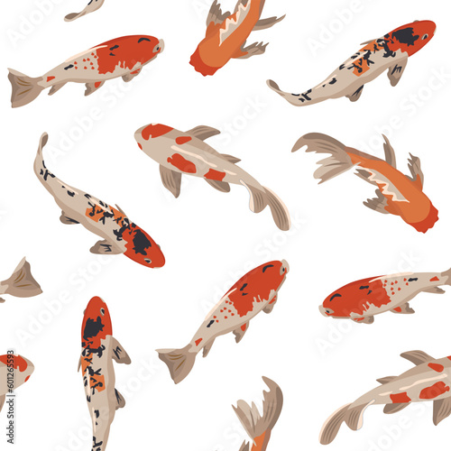 Seamless vector drawing with Goldfish. The image of Koi Fish of different colors.