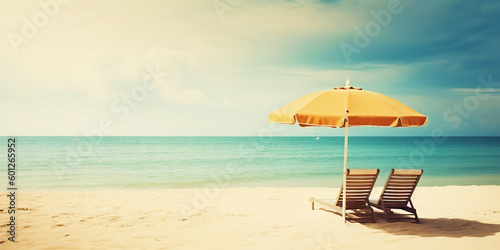 Beach chair and umbrella on beautiful beach. Travel paradise concept. Generative AI