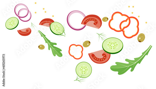 Background. Salad of tomatoes, cucumbers, arugula, red onion, green olives, dill and mustard seeds. Healthy eating. Organic food. Flat design.