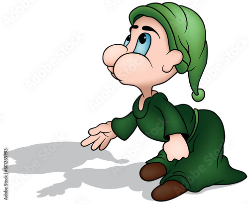 Blue-eyed Dwarf in Green Clothes from Profile in a Forward-leaning
