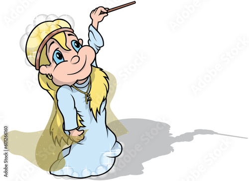 Blonde Blue-eyed Fairy in a Blue Dress with a Magic Wand in her Hand