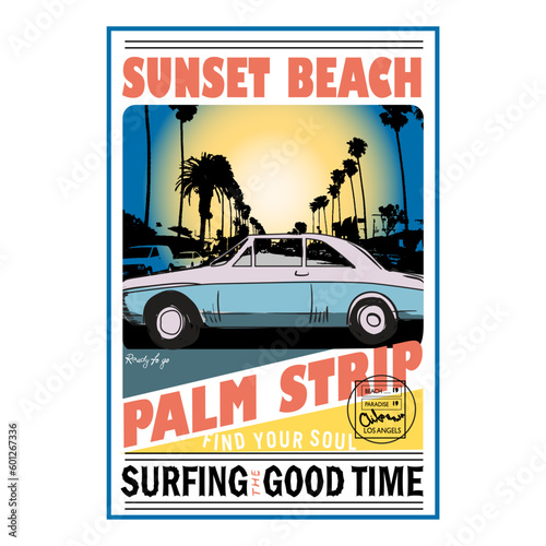 Canvas Print vector summer beach print, sunset beach, palm strip, Retro summer beach design for apparel and others