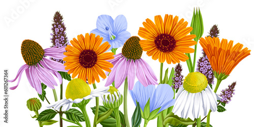 drawing realistic flowers at white background, calendula, white daisy, echinacea, peppermint and blue flax, hand drawn illustration,floral design elements