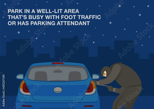 Car theft safety tips. Unsafe parking at night. Park in a well-lit area that's busy with foot traffic. Close-up of a car and thief with a robber mask. Flat vector illustration template.