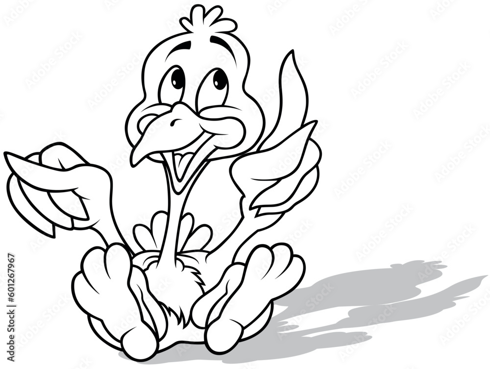 Obraz premium Drawing of an Ostrich Sitting on the Ground Showing Something with its Wings