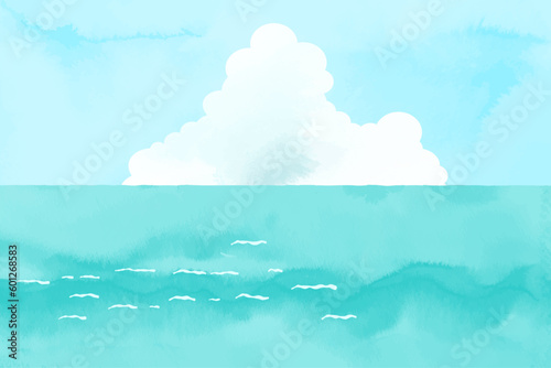 水彩風の入道雲と海のイラスト