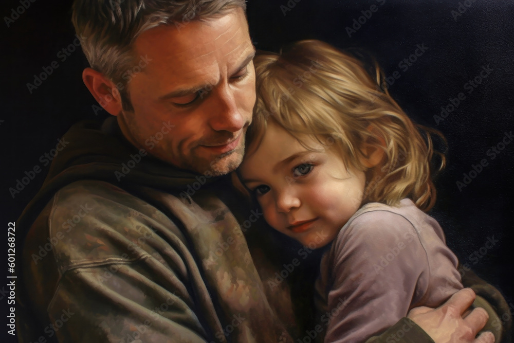 Dad hugging his little girl, she feeling father's love. Fathers day. Made with Generative AI Dad hugging his little girl, she feeling father's love. Fathers day. Made with Generative AI