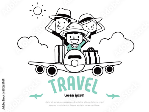 ベクターイラスト素材：飛行機で旅行する家族セット
