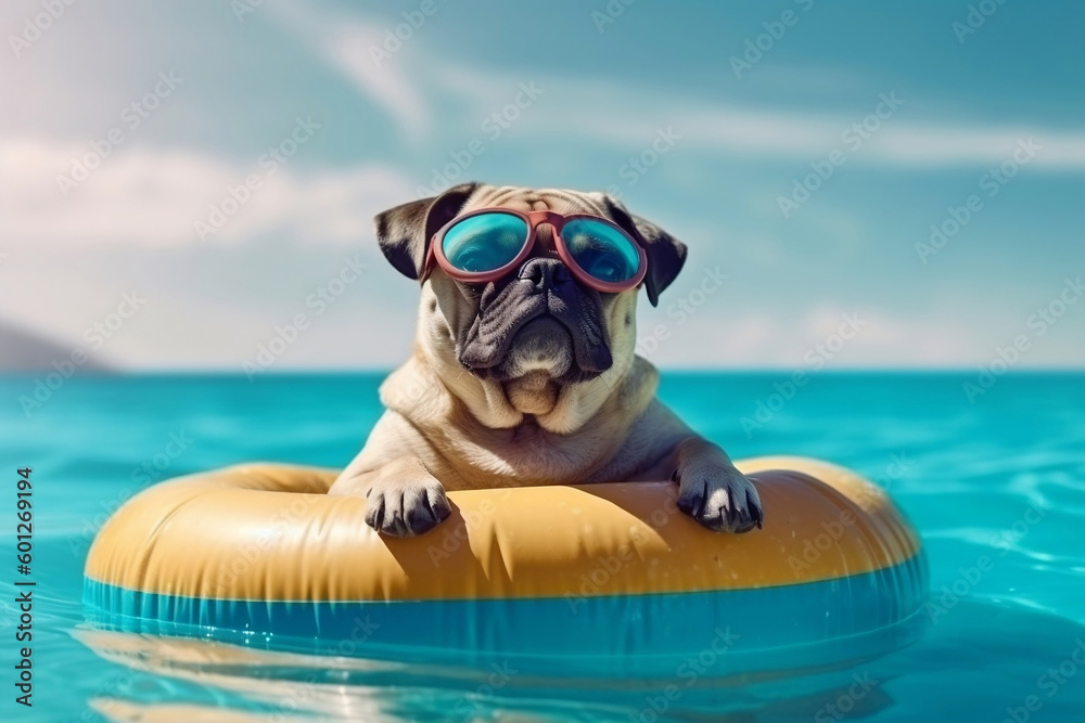 dog wearing sun glasses in swim ring on beach with coconut tree and sea, summer trip concept