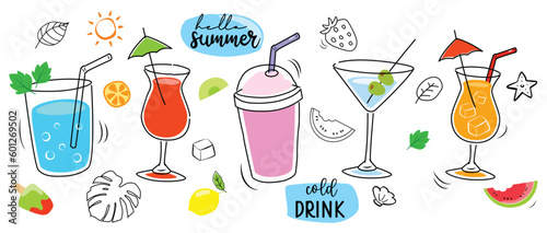 Tropical drinks summer set menu. Cold drinks with hand drawn illustration. Fruit smoothie, cocktails, alcoholic drinks.