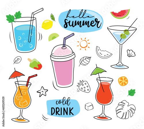 Tropical drinks summer set menu. Cold drinks with hand drawn illustration. Fruit smoothie, cocktails, alcoholic drinks.