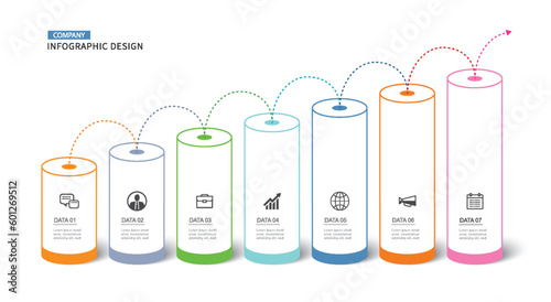 Infographics cylinder timeline with 7 number data template. Vector illustration abstract background.