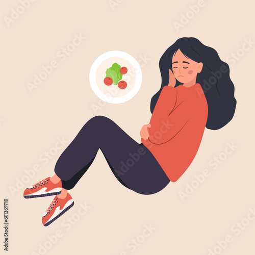 Eating disorder. Depressed woman is lying on floor and feeling nausea from food. Bulimia or anorexia concept. Girl with mental problems. Vector illustration in flat cartoon style.