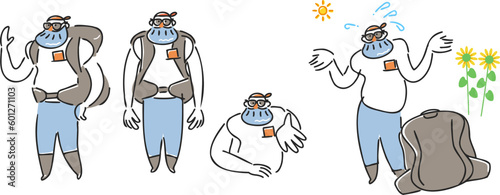 ひげの外国人男性旅行客のポーズ　セット　イラスト素材
