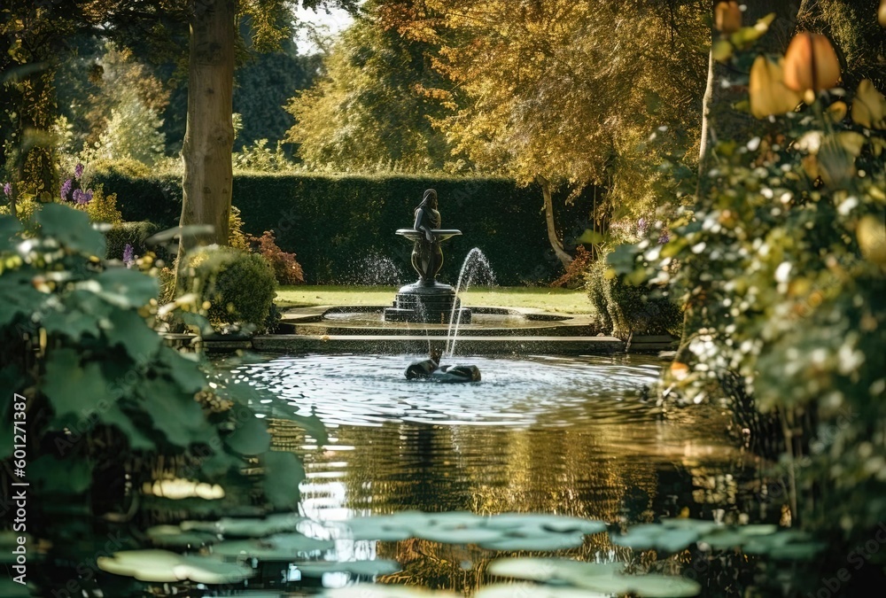 Fototapeta premium a pond with an water fountain surrounded by trees, generative ai