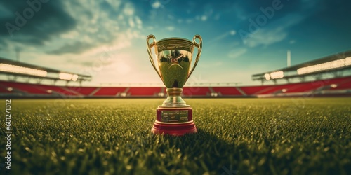Golden trophy on green field soccer stadium background, Champion cup of sport competition. Generative AI