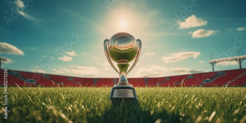 Golden trophy on green field soccer stadium background, Champion cup of sport competition. Generative AI