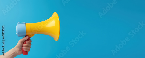 Hand holding megaphone on blue background. Hiring, advertising and marketing concept. Generative AI photo