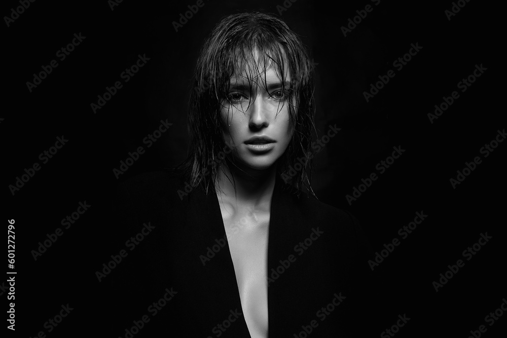 black and white portrait of beautiful girl with wet hair