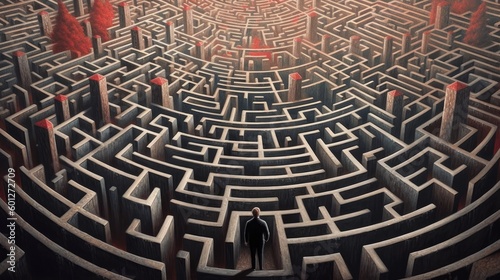 Enigmatic Figure Navigating a Complex Maze in 16:9 Aspect Ratio, Tackling Riddles and Conquering Obstacles, Mysterious Labyrinthine Journey, Generative AI Illustration