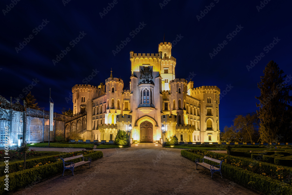 Night Chateau Hluboka nad Vltavou - a neo-Gothic jewel in South Bohemia - the chateau is located near the town of Ceske Budejovice (Budweis) - Czech Republic, Europe