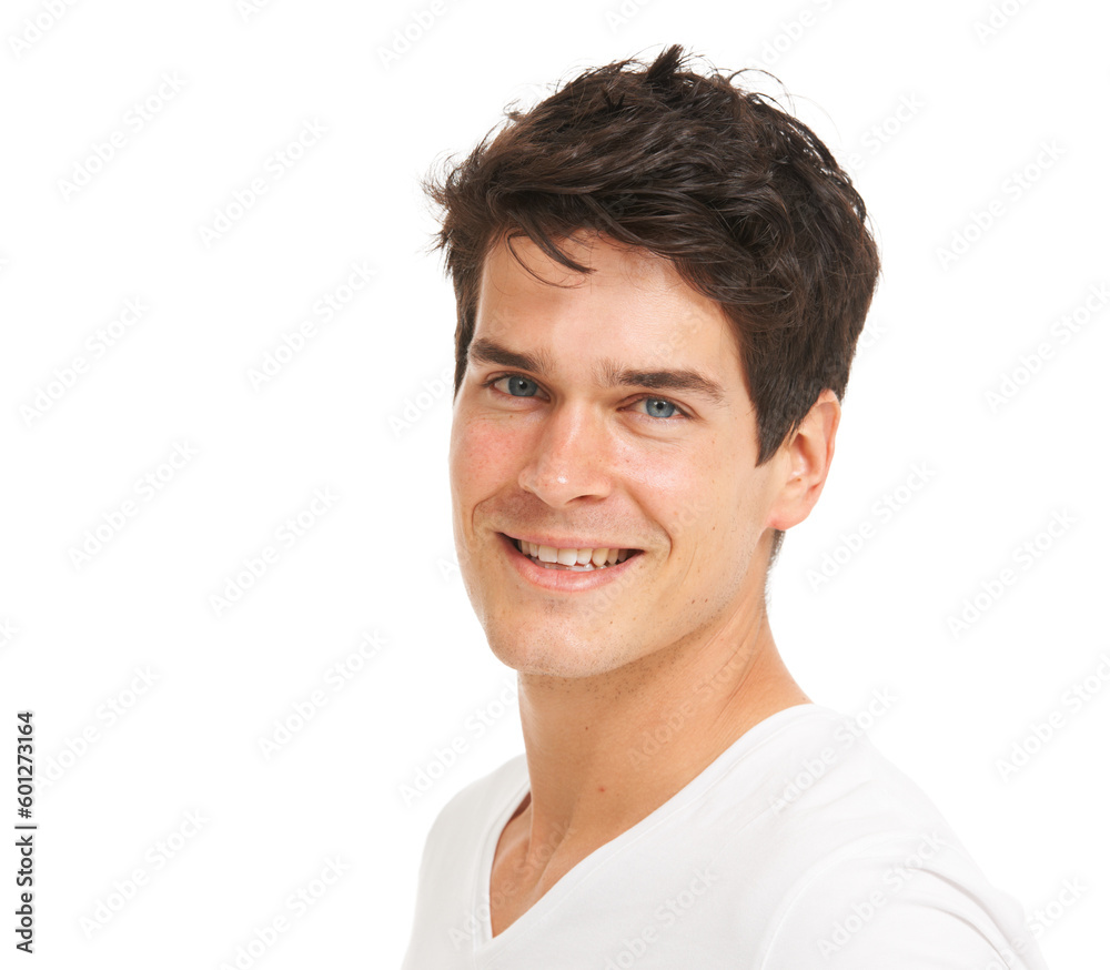 Portrait, mockup and man with beauty, sexy and cool guy isolated against a white studio background. Face, male person and model with a smile, wellness and confidence with casual outfit and happiness Portrait, mockup and man with beauty, sexy and cool guy isolated against a white studio background. Face, male person and model with a smile, wellness and confidence with casual outfit and happiness