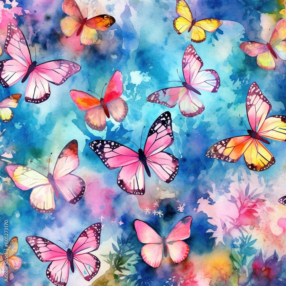 A lot of fantacy butterflies with spring flowers background. Beautiful Whimsical Butterflies watercolor Style. Colorful flowers and butterflies on a spring flowers background, Generative AI A lot of fantacy butterflies with spring flowers background. Beautiful Whimsical Butterflies watercolor Style. Colorful flowers and butterflies on a spring flowers background, Generative AI