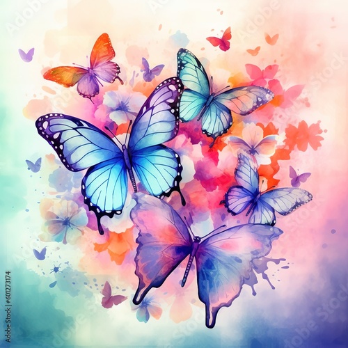 A lot of fantacy butterflies with spring flowers background. Beautiful Whimsical Butterflies watercolor Style. Colorful flowers and butterflies on a spring flowers background  Generative AI
