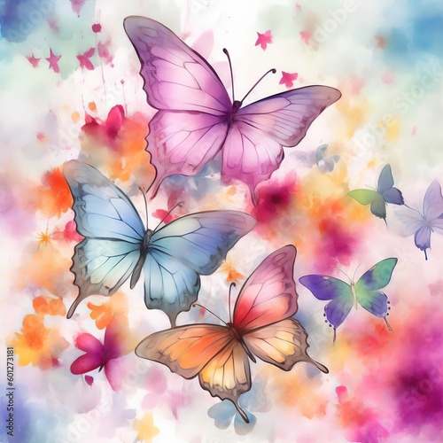 A lot of fantacy butterflies with spring flowers background. Beautiful Whimsical Butterflies watercolor Style. Colorful flowers and butterflies on a spring flowers background  Generative AI