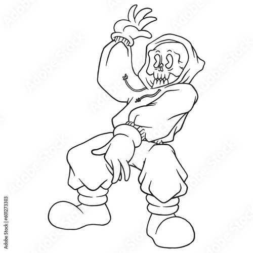 coloring illustration of cartoon rapper skeleton