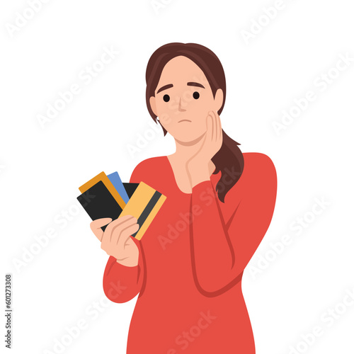 Unhappy woman holding credit cards feel confused with bank loan. Upset female client with deposit card distressed with bankruptcy or financial problems. Flat vector illustration isolated 